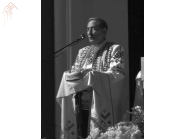 Никифор Наумов ЧНК Аслӑ Канашне уҫнӑ самантра (2007 ҫул, Аҫтахар Плотников тунӑ сӑн)